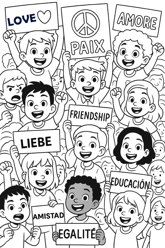 Feuille de coloriage - Enfants manifestant - Journée mondiale des enfants