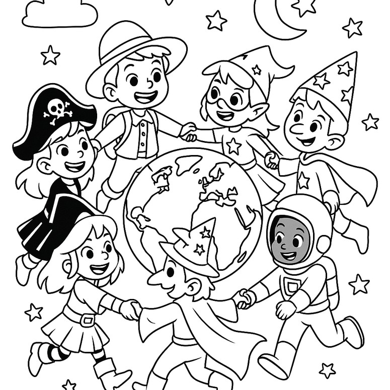 Image à colorier - Enfants déguisés - Journée mondiale des enfants