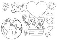 Zeichnung zum Ausmalen - Herzförmiger Heißluftballon über der Erde - Weltkindertag