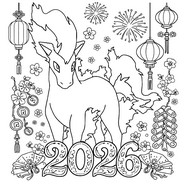 Coloriage à imprimer - Ponyta - Pokémon - Bonne année 2026