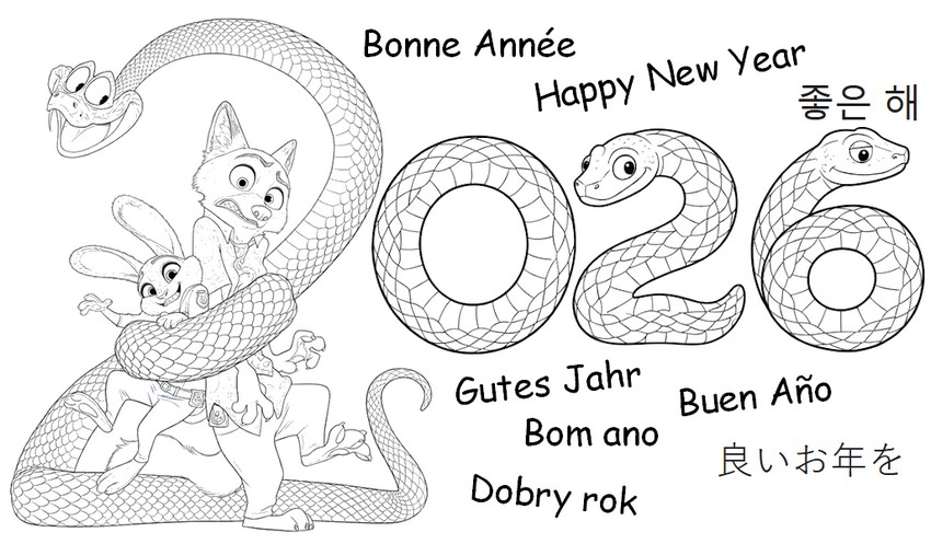 Gratis kleurplaat - Gelukkig nieuwjaar 2026 - Zootropolis 2