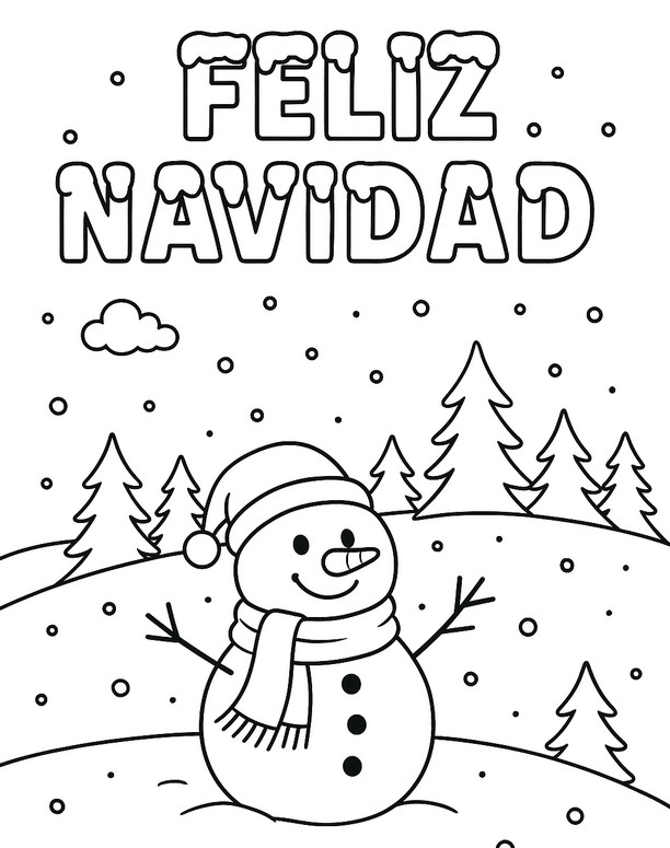 Lámina para colorear - Muñeco de nieve - Feliz Navidad
