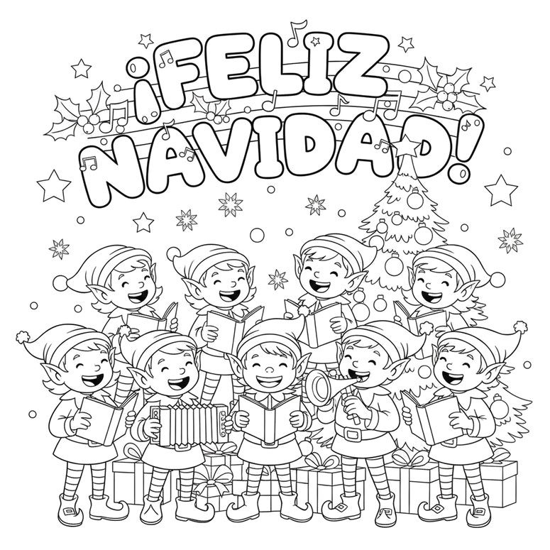 Dibujo para colorear - Coro de duendes - Feliz Navidad