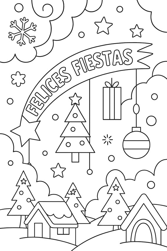 Dibujo gratuito - Pueblo nevado bajo la estrella - Feliz Navidad