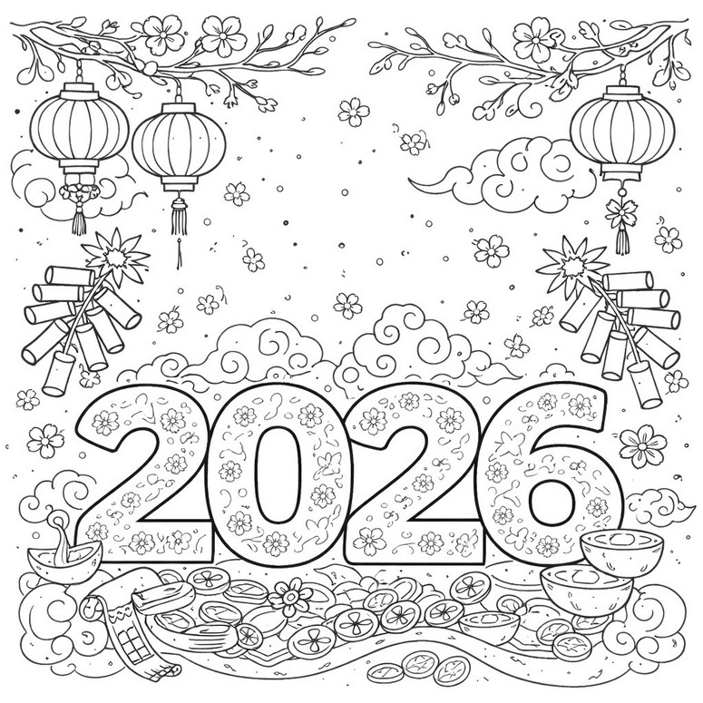 색칠용 종이 - 빛과 번영 - 2026년 설날