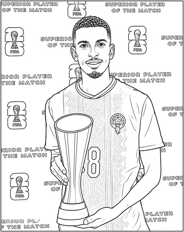 Kostenloses Ausmalbild - Azzedine Ounahi - Marokkanische Fußballnationalmannschaft