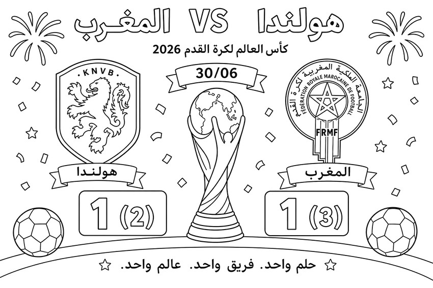 Zeichnung zum Ausmalen - Runde der letzten 32 - Marokkanische Fußballnationalmannschaft