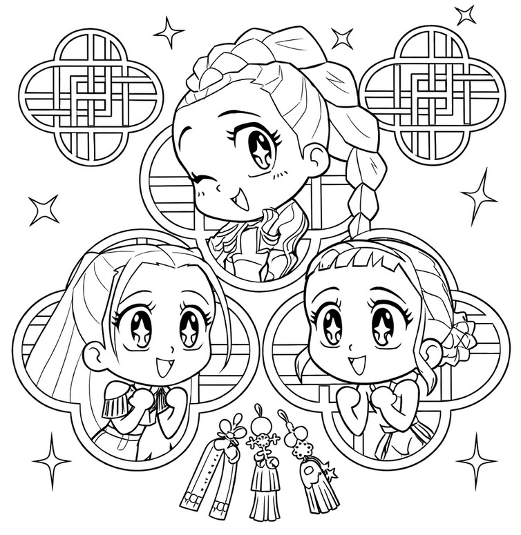 Bild zum Ausmalen - Rumi, Mira und Zoey - Kpop Demon Hunters - Storybook