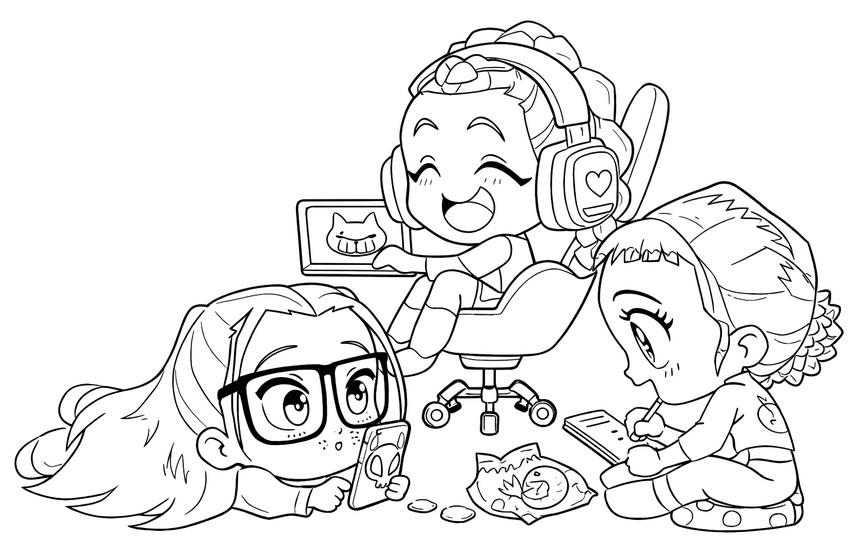 Ausmalbild - Ein gemütlicher Abend mit Rumi, Mira und Zoey - Kpop Demon Hunters - Storybook