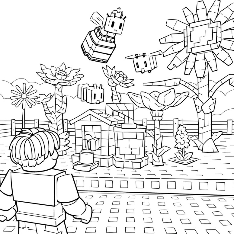 인쇄용 색칠공부 - 벌과 거대 꽃의 정원 - Roblox - Grow a garden
