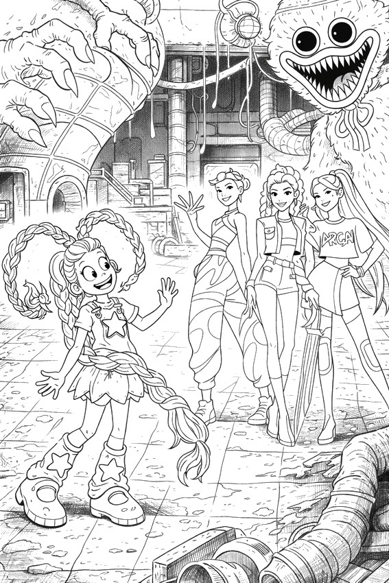 Printable coloring - Lily Lovebraids & Kpop Demon Hunters - Poppy Playtime - Crossover