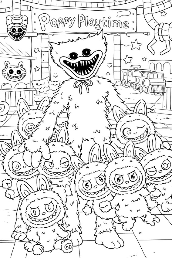 Coloring page - Huggy Wuggy and Labubu - Poppy Playtime - Crossover