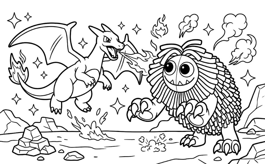 Coloring sheet - Yarnabi and Charizard - Poppy Playtime - Crossover
