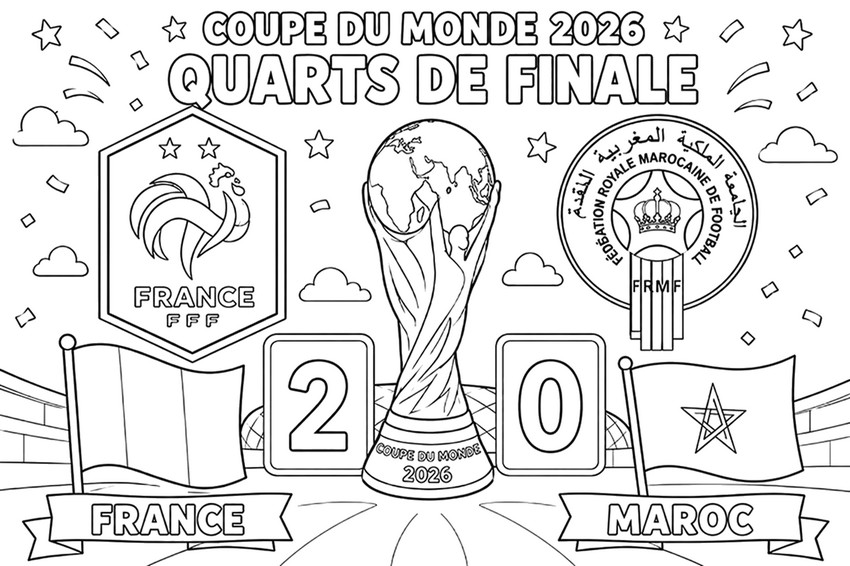Zeichnung zum Ausmalen - Viertelfinale - Französische Fußballnationalmannschaft 2026