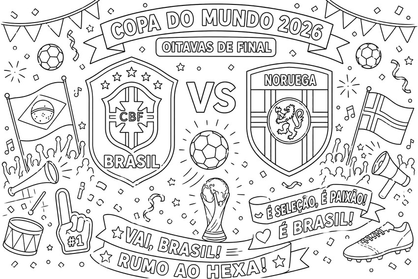 Zeichnung zum Ausmalen - Achtelfinale - Brasilianische Fußballnationalmannschaft 2026