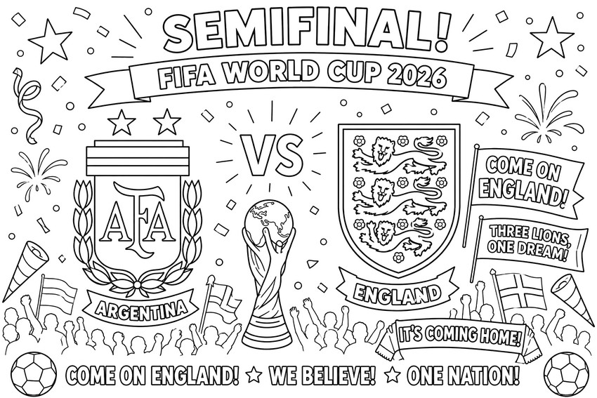 Ausmalbild zum Ausdrucken - Halbfinale - Englische Fußballnationalmannschaft 2026