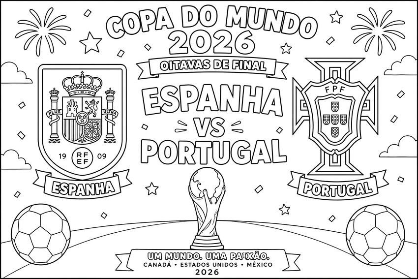 Zeichnung zum Ausmalen - Achtelfinale - Portugals Fußballnationalmannschaft 2026