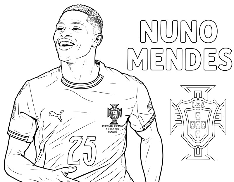 Tekening om in te kleuren - Nuno Mendes - Portugees voetbalteam 2026