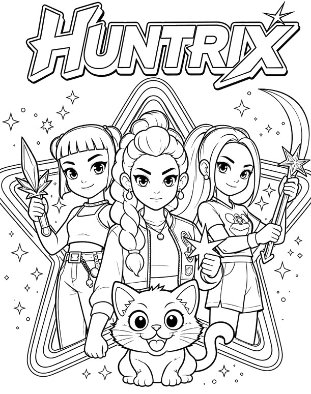 인쇄용 색칠공부 - 헌트릭스 - 케이팝 데몬 헌터스 - HUNTR/X