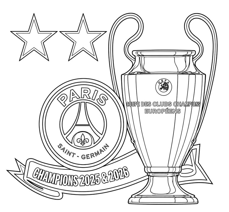 Kleurblad - De trofee en de twee sterren - PSG - Europees kampioen 2026