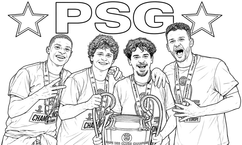 Kleurplaat om te downloaden - Nuno Mendes, João Neves, Vitinha, Gonçalo Ramos - PSG - Europees kampioen 2026