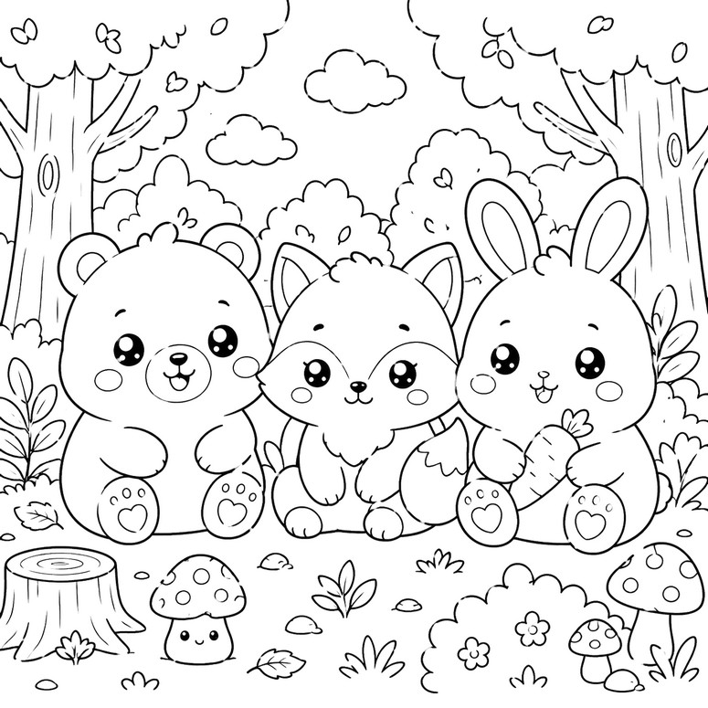 Coloring sheet - Rabbit, Fox and Bear - Squishy Animals
