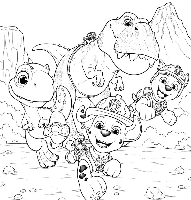 Printable coloring - Running with Dinosaur Friends - PAW Patrol: The Dino Movie