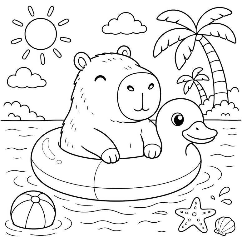 印刷用塗り絵 - ブイ - 夏のカピバラ