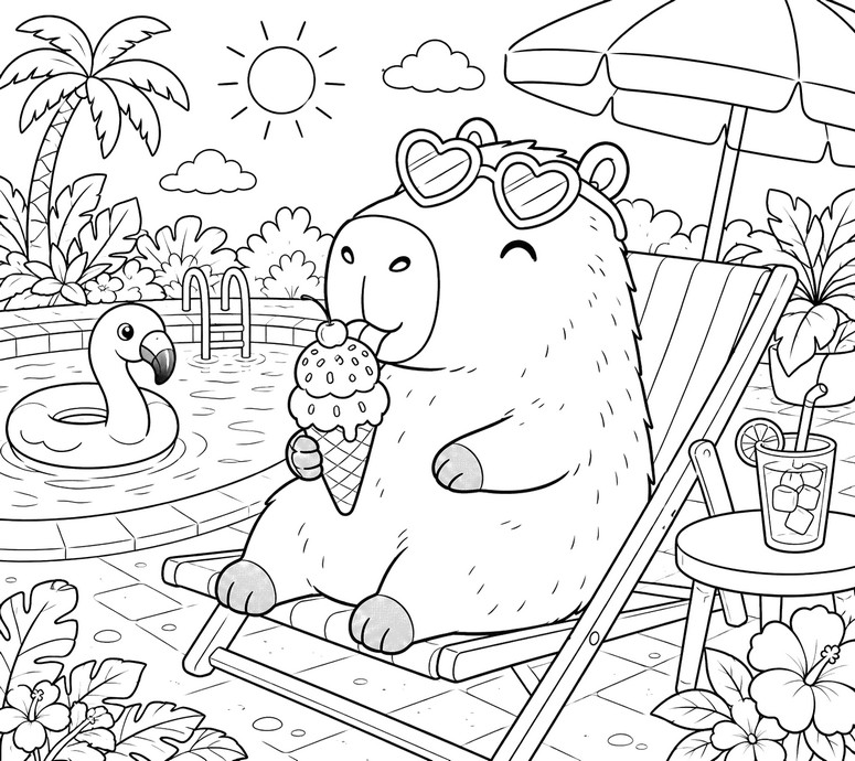 無料塗り絵 - 氷 - 夏のカピバラ