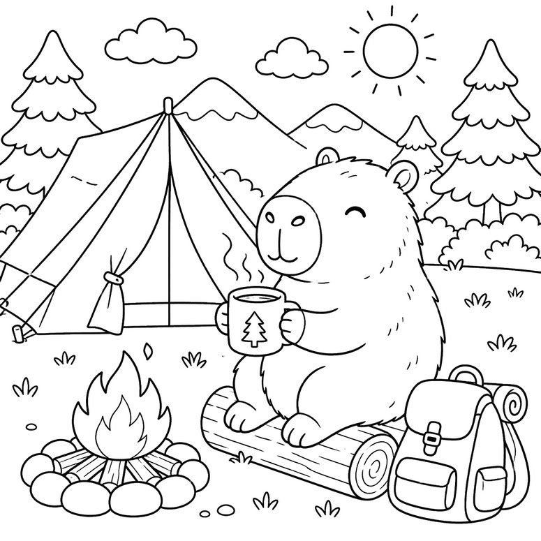 ダウンロードできる塗り絵 - キャンプ - 夏のカピバラ