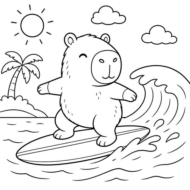 色塗り用イラスト - サーフィン - 夏のカピバラ