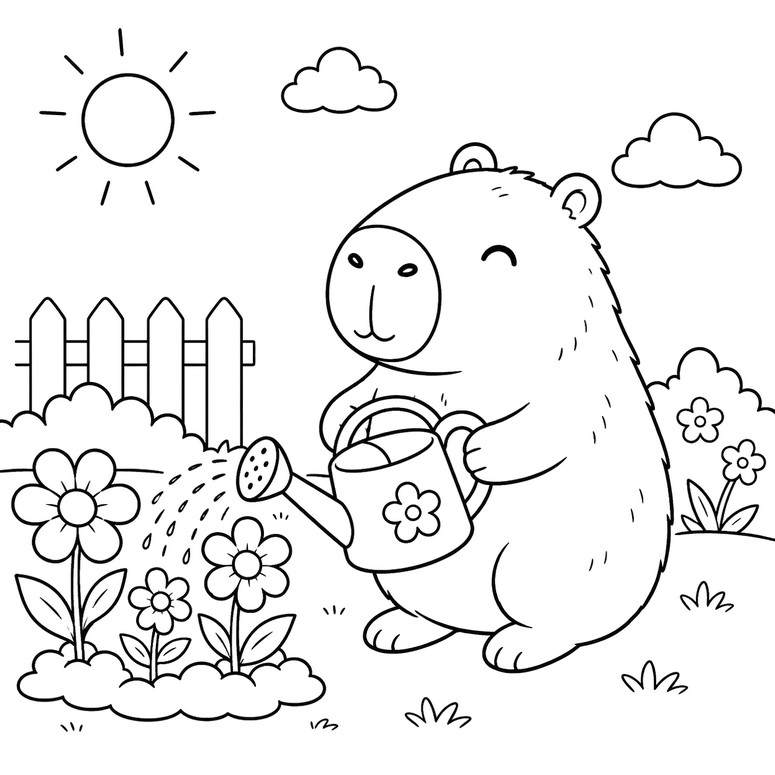 塗り絵 - 庭 - 夏のカピバラ