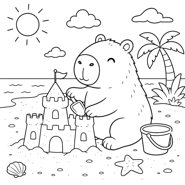 色を塗る絵 - 砂の城 - 夏のカピバラ