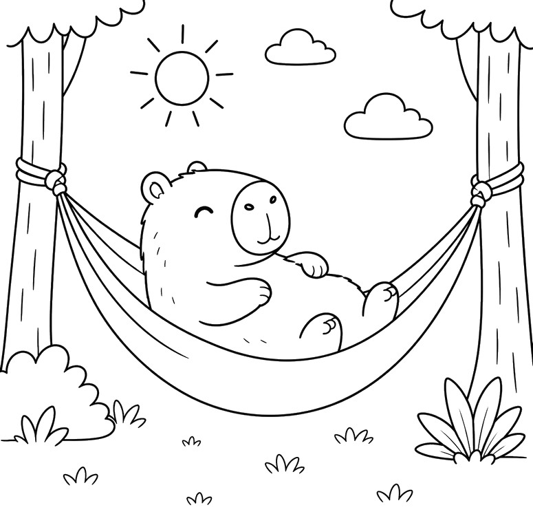 印刷用塗り絵 - ハンモック - 夏のカピバラ