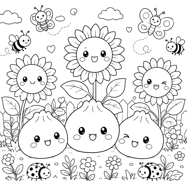 Printable coloring - In the garden - Squishy Dumpling - Summer