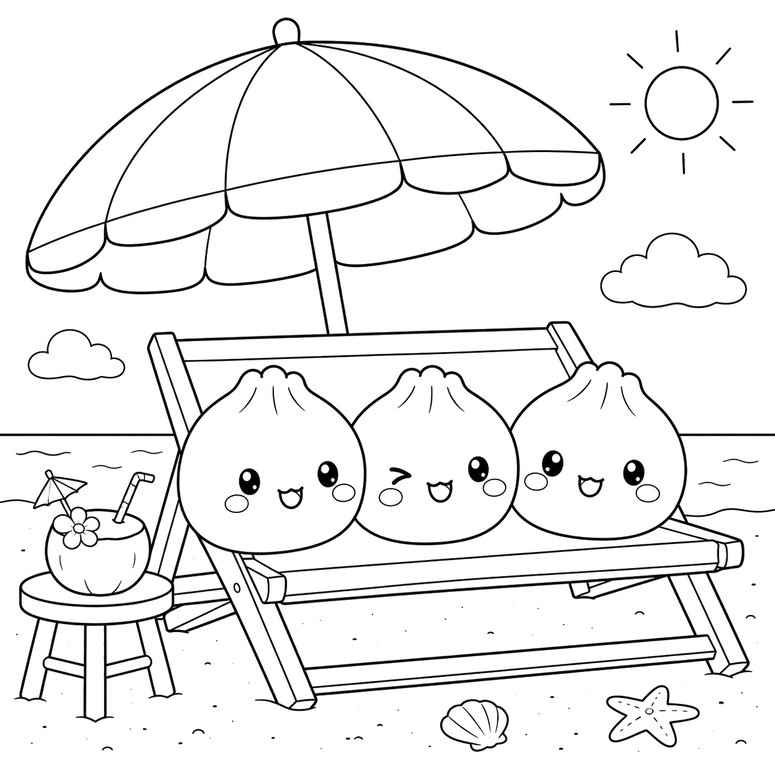 Free coloring page - Under the parasol - Squishy Dumpling - Summer