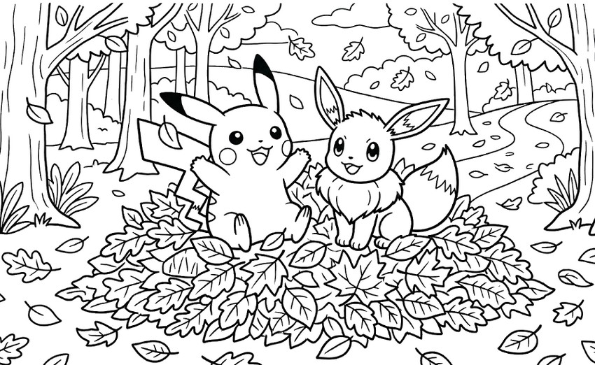 印刷用塗り絵 - ピカチュウとイーブイ - 秋のポケモン