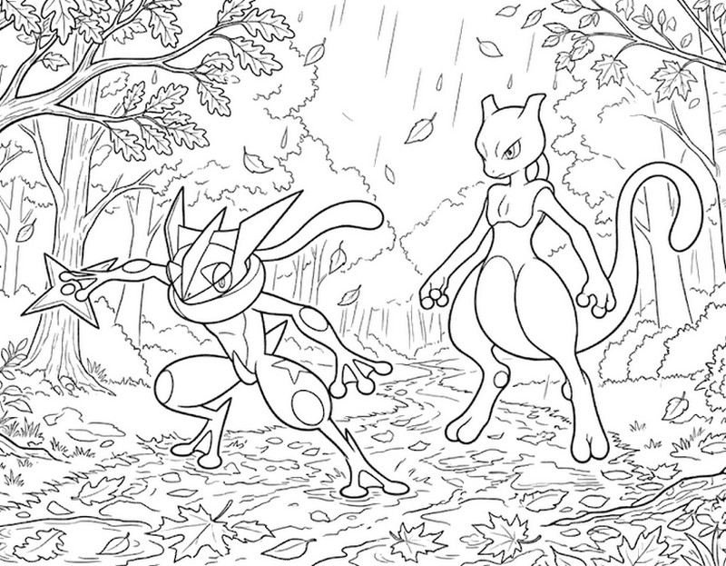 塗り絵 - ゲッコウガとミュウツー - 秋のポケモン