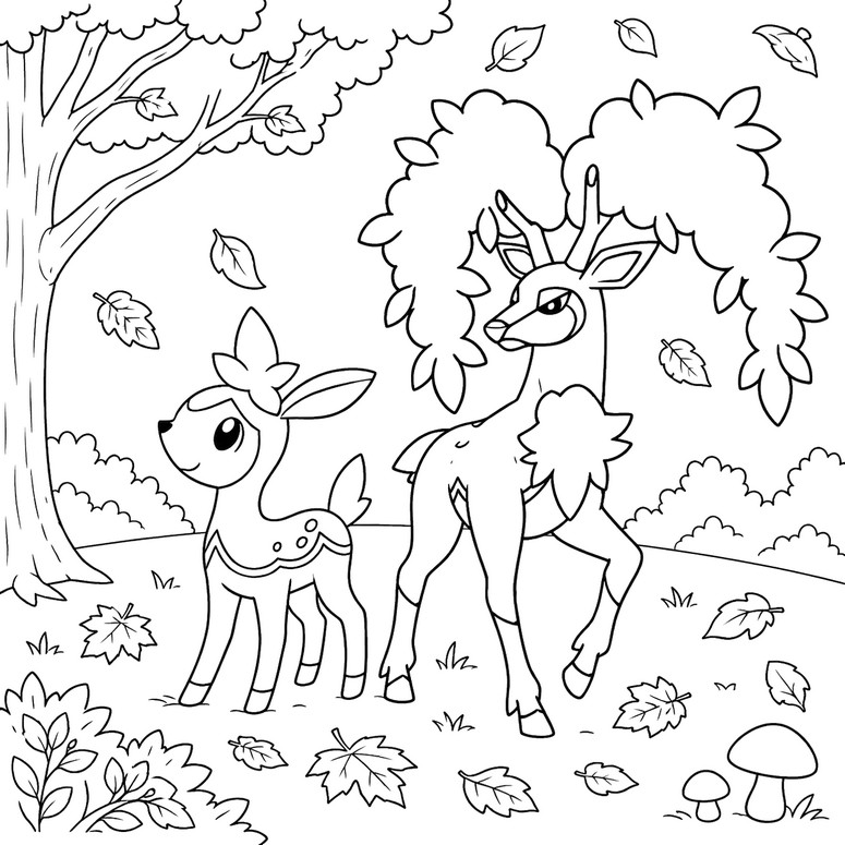 塗り絵用紙 - シキジカとメブキジカ - 秋のポケモン