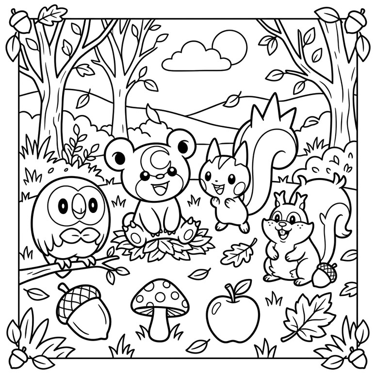 色を塗る絵 - モクロー、ヒメグマ、パチリス、ホシガリス - 秋のポケモン