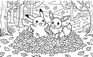 塗り絵用紙 - ピカチュウとイーブイ - 秋のポケモン