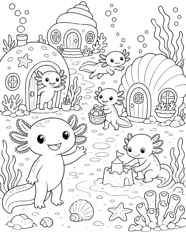 色を塗る絵 - 海底村 - アホロートル