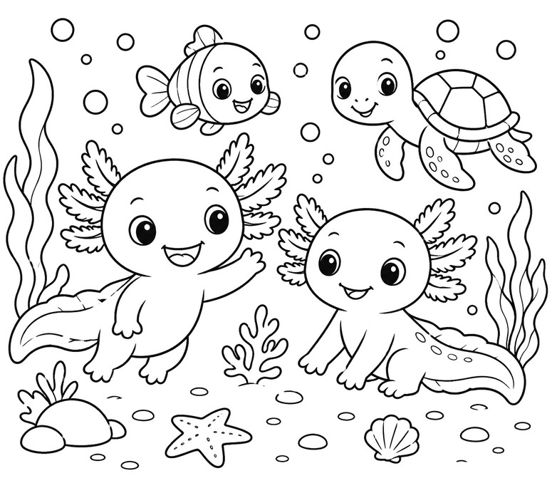塗り絵用紙 - 魚とカメ - アホロートル