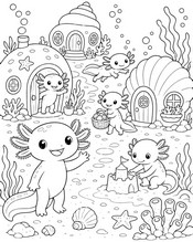 無料塗り絵 - 海底村 - アホロートル