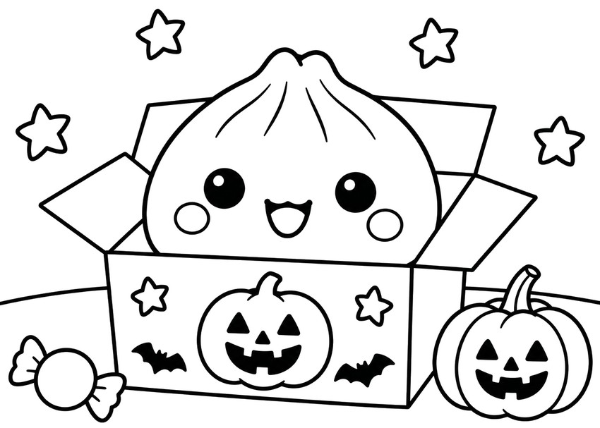 Darmowa kolorowanka - W pudełku - Squishy Dumpling - Halloween