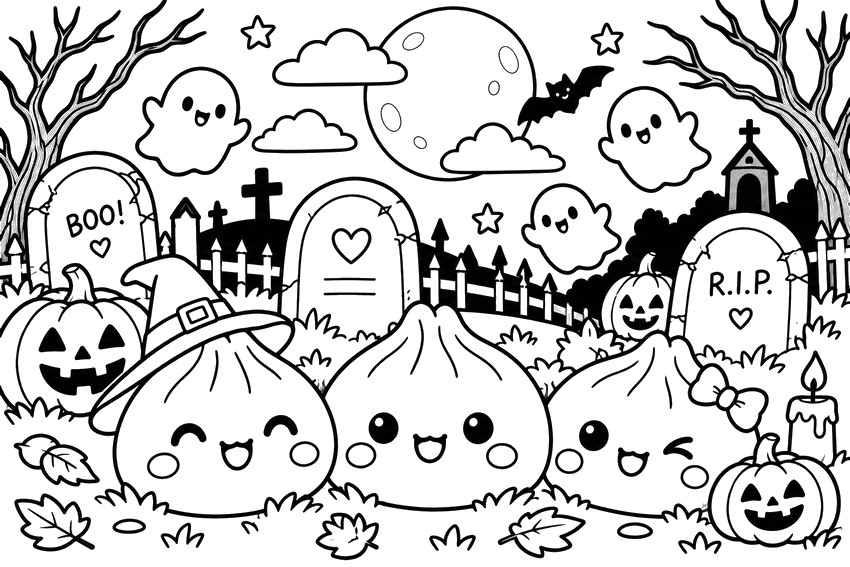 Rysunek do kolorowania - Cmentarz - Squishy Dumpling - Halloween