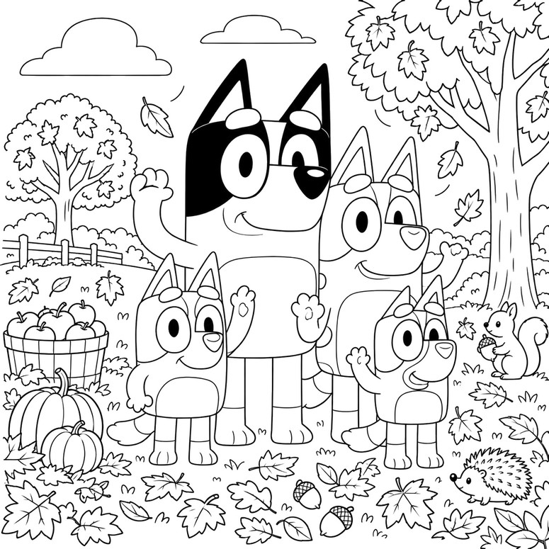 Desenho para colorir - Com a família - Bluey - Outono