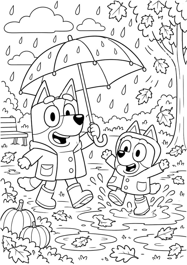 Desenho para imprimir - A chuva - Bluey - Outono