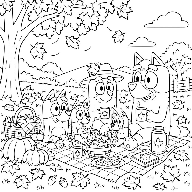 Folha para colorir - O piquenique - Bluey - Outono