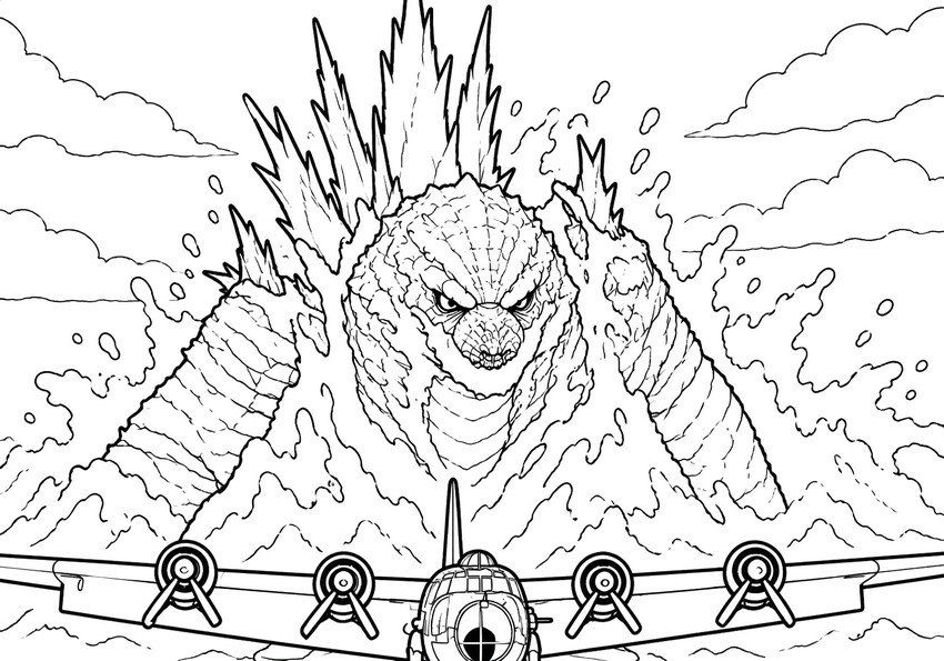 塗り絵用紙 - 飛行機に向かって - ゴジラ-0.0
